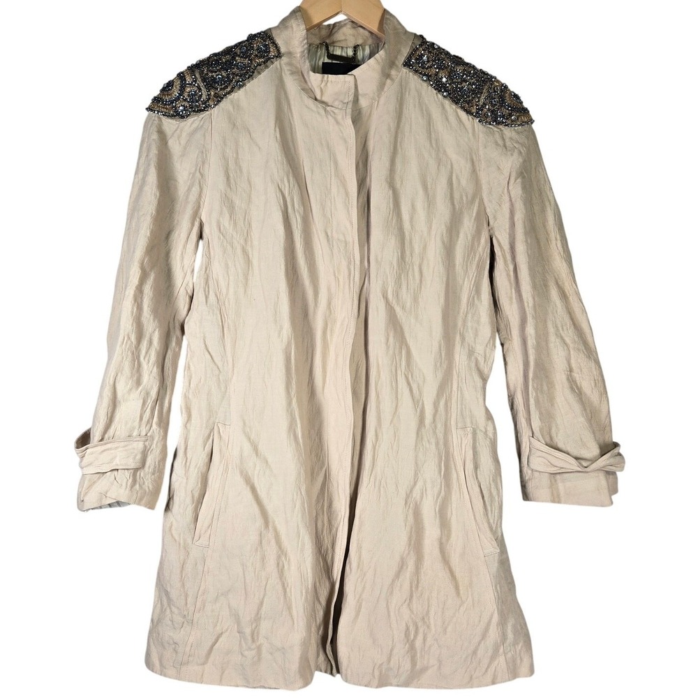 Gryphon New‎ York Crystal Embellished Trench Coat Beige Size L